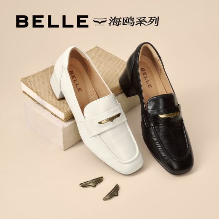【小北专属】百丽跟海鸥乐福鞋女商场同款英伦风百搭深口真皮单鞋