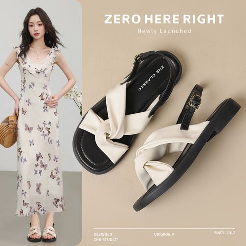 ZHR/则则法式露趾蝴蝶交叉带平底凉拖鞋女夏季新款外穿仙女风拖鞋主图