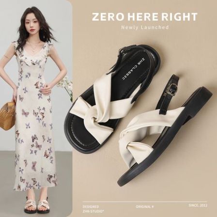 ZHR/则则法式露趾蝴蝶交叉带平底凉拖鞋女夏季新款外穿仙女风拖鞋