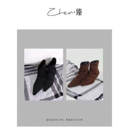 ZHEN.臻 秋冬时装设计师绒面牛皮猫跟褶皱堆堆靴时尚靴子XZ8783Z