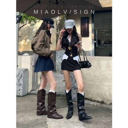 妙侣法式西部堆堆靴女秋冬尖头高筒裤管靴复古铆钉骑士靴裤管靴子