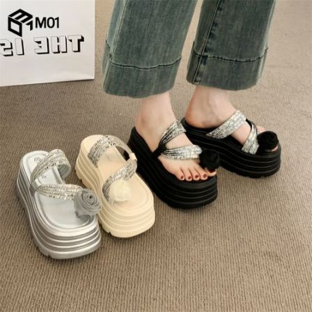M01夏季新款水钻夹脚高跟拖鞋女外穿8cm厚底增高小个子气质凉拖