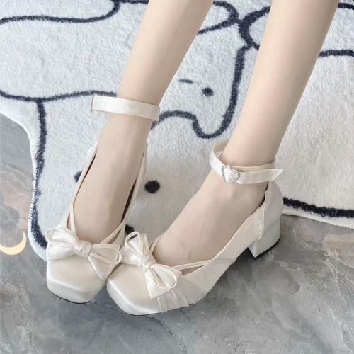 【专柜版型】缎面芭蕾风玛丽珍鞋女粗跟方头丝带少女蝴蝶结主图