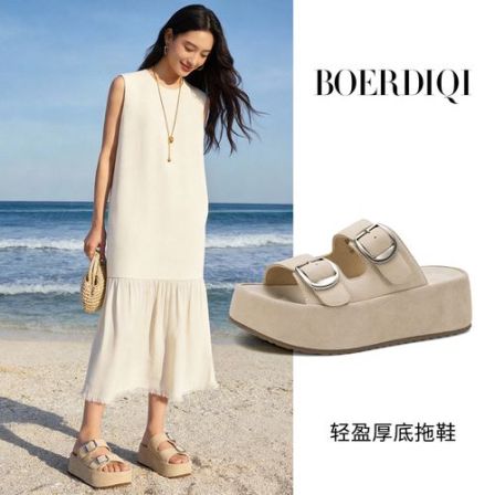 文怡专属复古厚底凉拖 春夏度假风双扣牛皮外穿拖鞋BXL046002