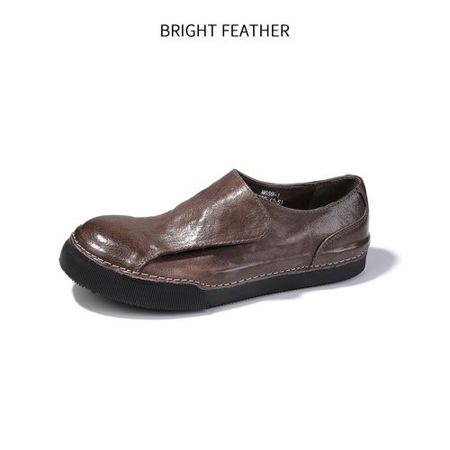 BRIGHT FEATHER缩纹马皮一脚蹬男厚底增高套脚真皮乐福鞋防滑耐磨主图