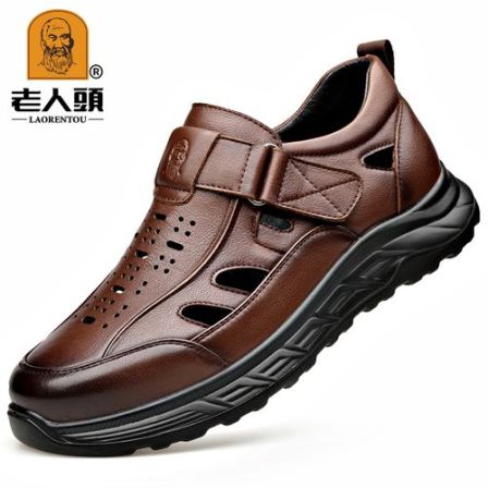 官方正品老人头男士皮凉鞋真皮头层牛皮防滑厚底洞洞鞋镂空沙滩鞋