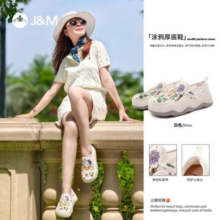 小水专属J&M/快乐玛丽涂鸦波浪厚底网纱鞋女一脚蹬懒人乐福鞋百搭休闲单鞋