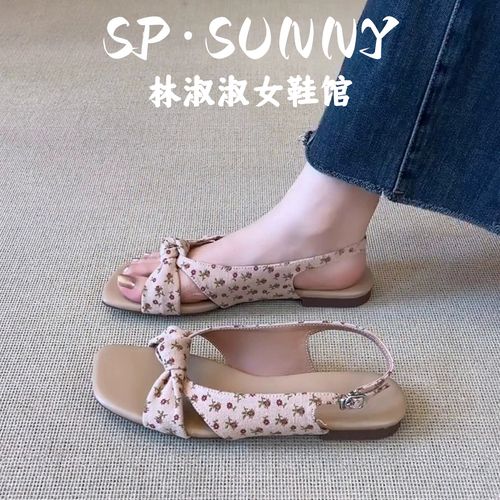 牛皮版~法式碎花平底露趾凉鞋女少女风百搭蝴蝶结后绊带透气凉鞋主图