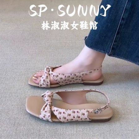 牛皮版~法式碎花平底露趾凉鞋女少女风百搭蝴蝶结后绊带透气凉鞋