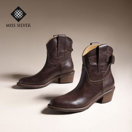 MISSSILVER粗跟短靴女2026短筒高跟真皮切尔西英伦复古骑士靴