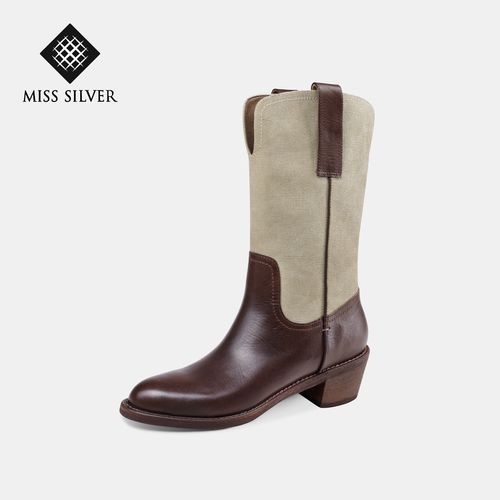 MISSSILVER2026新款黑色骑士靴女秋冬真皮粗跟中筒靴主图