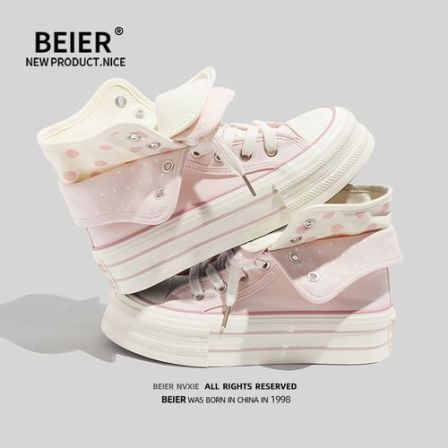 BEIER波点厚底高帮帆布鞋2026春季新款多巴胺学生板鞋百搭女鞋子