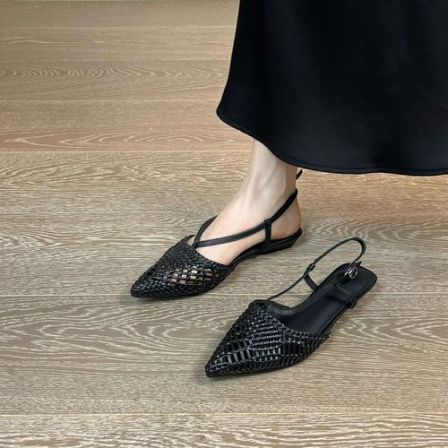 2CM头层牛皮手工编织镂空包头后绊带法式复古夏季女士透气凉鞋