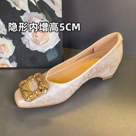 内增高5cm~水钻方扣法式方头单鞋浅口气质百搭夏季通勤职业单鞋