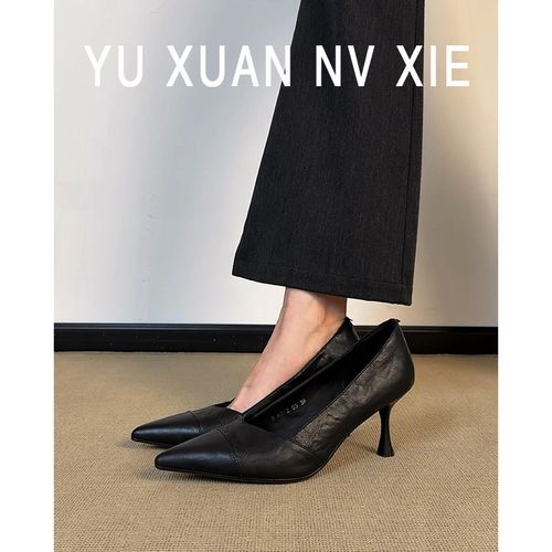 牛皮版法式复古尖头细跟浅口单鞋女气质百搭通勤高级感黑色高跟鞋主图