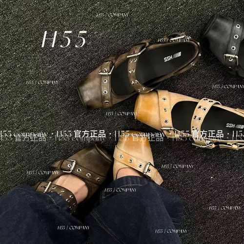 【H55粉丝专享】新款女鞋高级做旧锈染铆钉猪鼻头玛丽珍2cm70-3672主图
