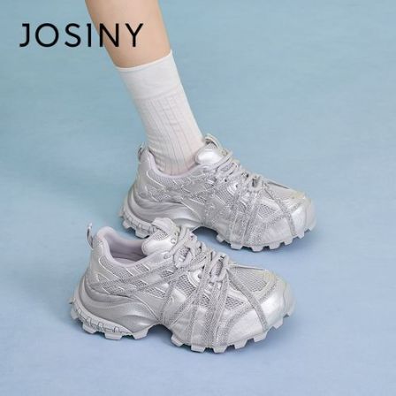 卓诗尼厚底老爹鞋女夏薄款2026新款银色透气鞋子女增高网面运动鞋
