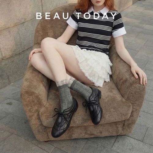 BeauToday【羊皮】纹路细腻亲肤镂空系带平底芭蕾舞德训鞋女款鞋子 主图
