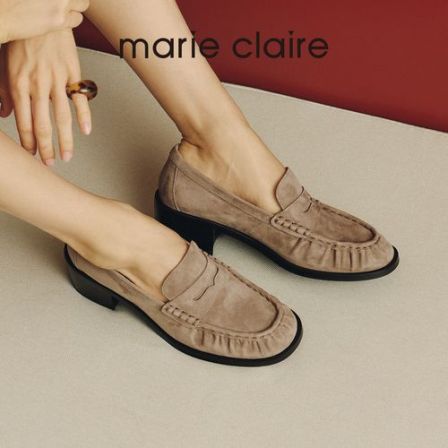 MC女鞋褶皱乐福鞋2026年春季圆头漫夜陨石灰单鞋marieclaire女鞋