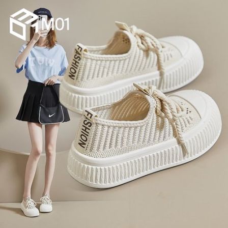 M01帆布鞋女2026夏季网面透气薄款网鞋松糕厚底休闲百搭小白板鞋