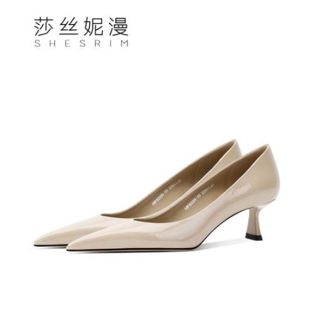 春季新款不累脚真皮高跟鞋裸色浅口百搭小低跟女单鞋真皮尖头女鞋
