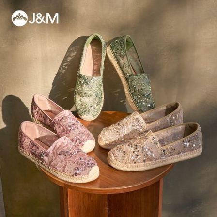 J&M/快乐玛丽渔夫鞋女夏季新款透气网纱百搭草编低帮帆布鞋05972W