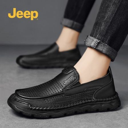 Jeep吉普男士皮鞋2026夏季新款真皮网眼透气舒适软底一脚蹬板鞋子