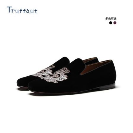 Truffaut吸烟鞋男天鹅丝绒刺绣乐福鞋一脚蹬豆豆鞋懒人休闲鞋夏季