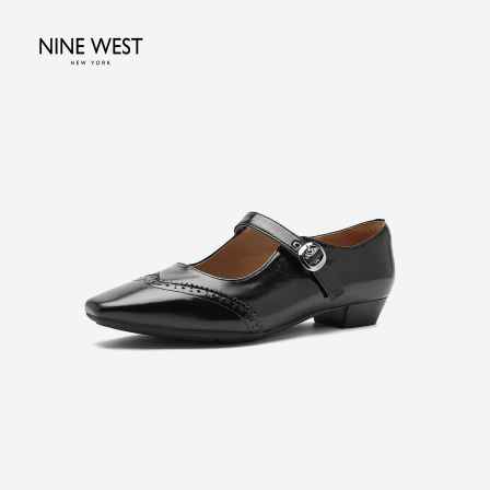 Nine West/玖熙法式复古风黑色一字扣玛丽珍鞋女方头低跟浅口单鞋