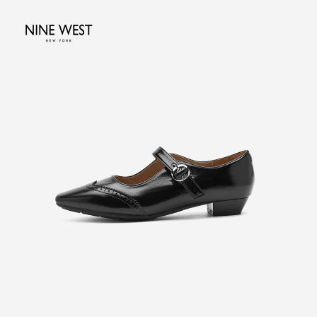 Nine West/玖熙黑色真皮玛丽珍鞋职场通勤女鞋低跟一字扣简约单鞋