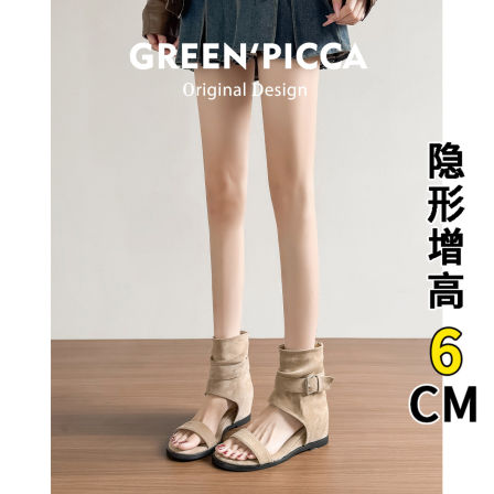 羊皮~6CM增高复古罗马夹趾凉靴女2026新款短筒裤管靴人字夹脚短靴