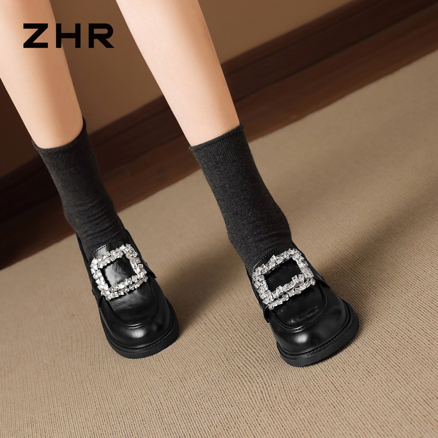ZHR则则水钻方扣乐福鞋女2026秋季新款厚底一脚蹬小皮鞋软底单鞋主图