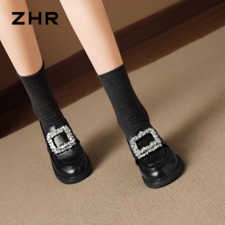 ZHR则则水钻方扣乐福鞋女2026秋季新款厚底一脚蹬小皮鞋软底单鞋