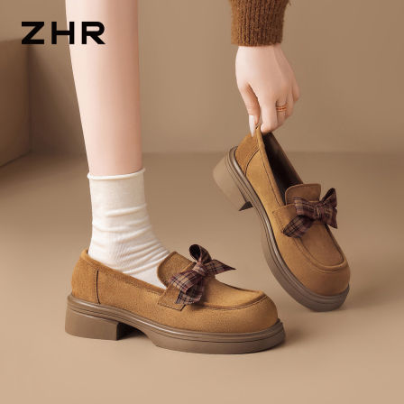 ZHR则则蝴蝶结厚底乐福鞋女2026秋新款一脚蹬软底单鞋绒面小皮鞋