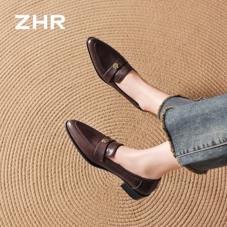ZHR则则尖头粗跟乐福鞋女2026秋季新款棕色一脚蹬小皮鞋软底单鞋