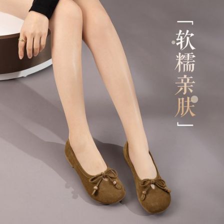 沙驰 26年春款【牛剖层】复古磨砂皮圆头单鞋蝴蝶结珠饰平底鞋