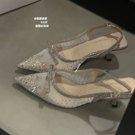 黑色网纱水钻尖头后绊带细跟凉鞋女轻奢名媛风外穿百搭气质女鞋