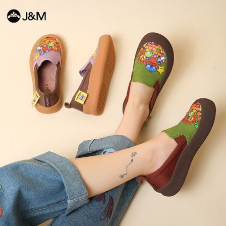 J&M/快乐玛丽新款涂鸦舒适软底平底防滑一脚蹬乐福鞋女鞋66316W