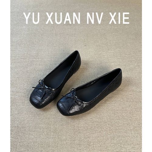 牛皮版~法式蝴蝶结浅口单鞋女春秋新款软底舒适百搭方头芭蕾鞋主图