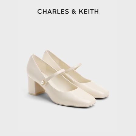 CHARLES & KEITH26新品方头粗高跟珍珠扣玛丽珍鞋CK1-61720276
