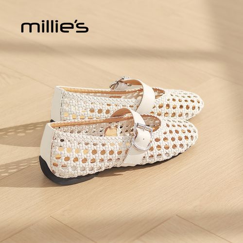 MILLIE'S/妙丽法式软底浅口单鞋2026夏季新款镂空一字扣平跟女鞋P主图