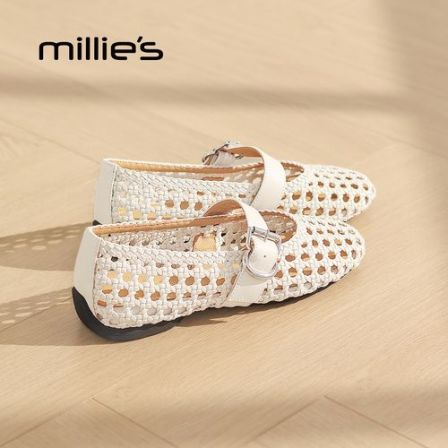 MILLIE'S/妙丽法式软底浅口单鞋2026夏季新款镂空一字扣平跟女鞋P