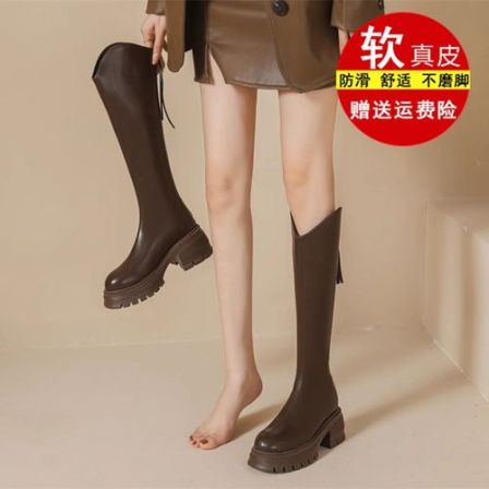 真皮v口长筒靴女秋冬新款小个子增高厚底高筒不过膝骑士长靴