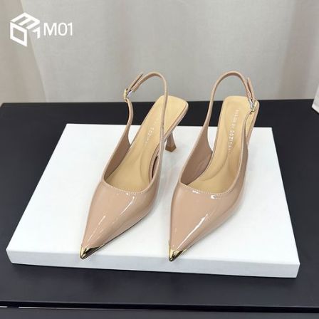 M01法式包头凉鞋女细跟新款防踢金属尖头后空单鞋夏季裸色高跟鞋