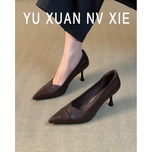 牛皮版~法式尖头浅口单鞋女春秋新款时尚气质百搭细跟真皮高跟鞋主图