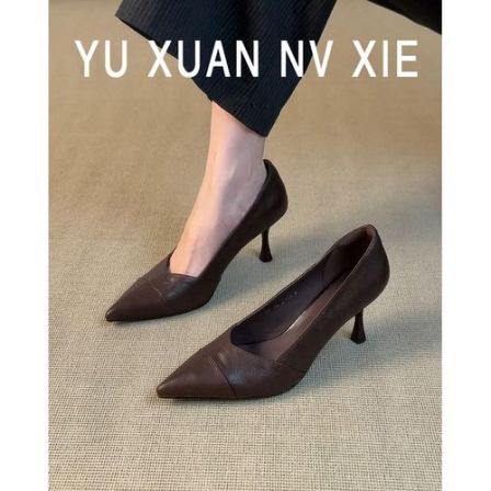 牛皮版~法式尖头浅口单鞋女春秋新款时尚气质百搭细跟真皮高跟鞋