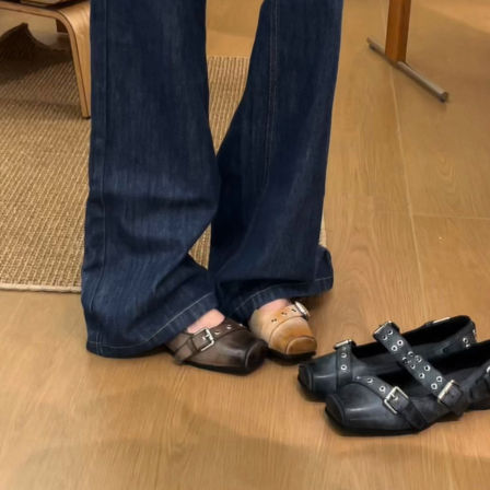 羊皮版~文艺风真皮小众朋克芭蕾鞋女一字带方头低跟复古玛丽珍鞋