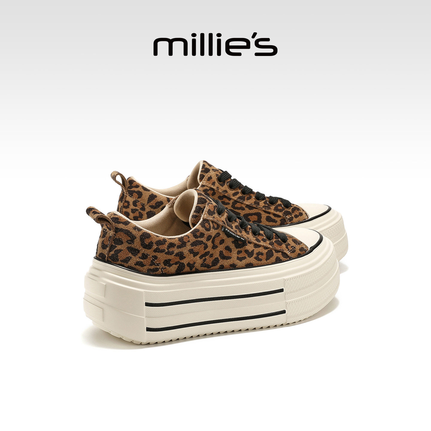 MILLIE'S/妙丽真皮豹纹厚底板鞋女鞋2026秋季新款增高百搭休闲鞋主图