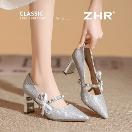 ZHR则则银色高跟鞋女2026秋新款珍珠一字扣玛丽珍鞋法式尖头单鞋