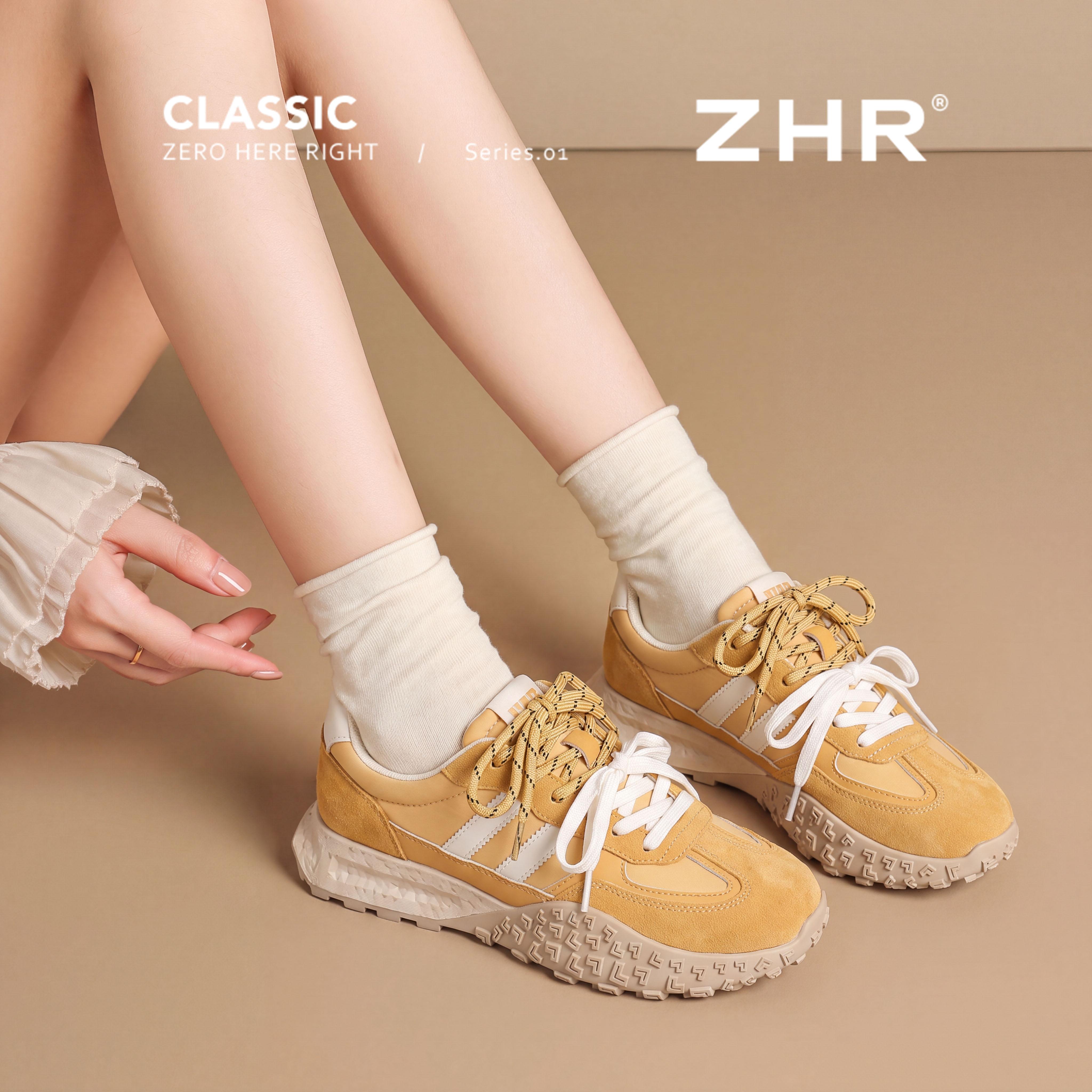 ZHR则则厚底德训鞋女2026秋新款真皮黄色阿甘鞋透气软底运动女鞋主图